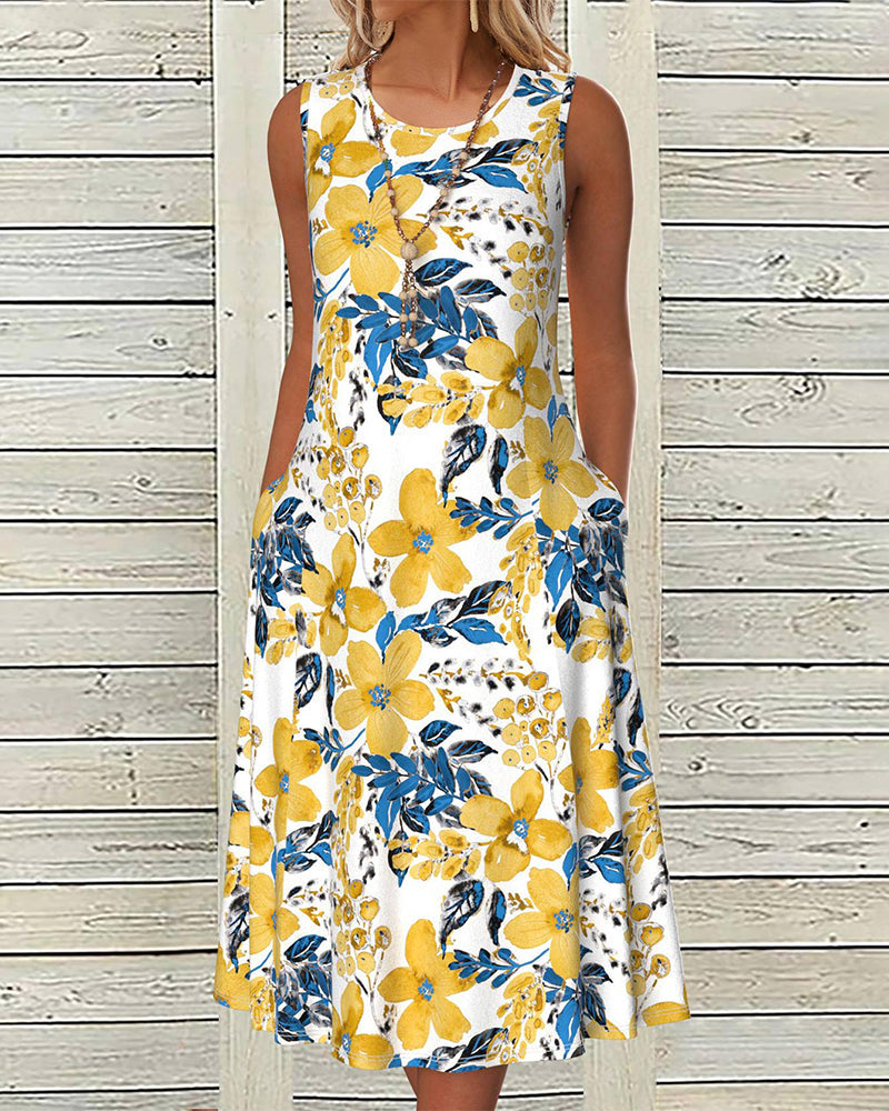 Vestido midi floral sin mangas con bolsillo