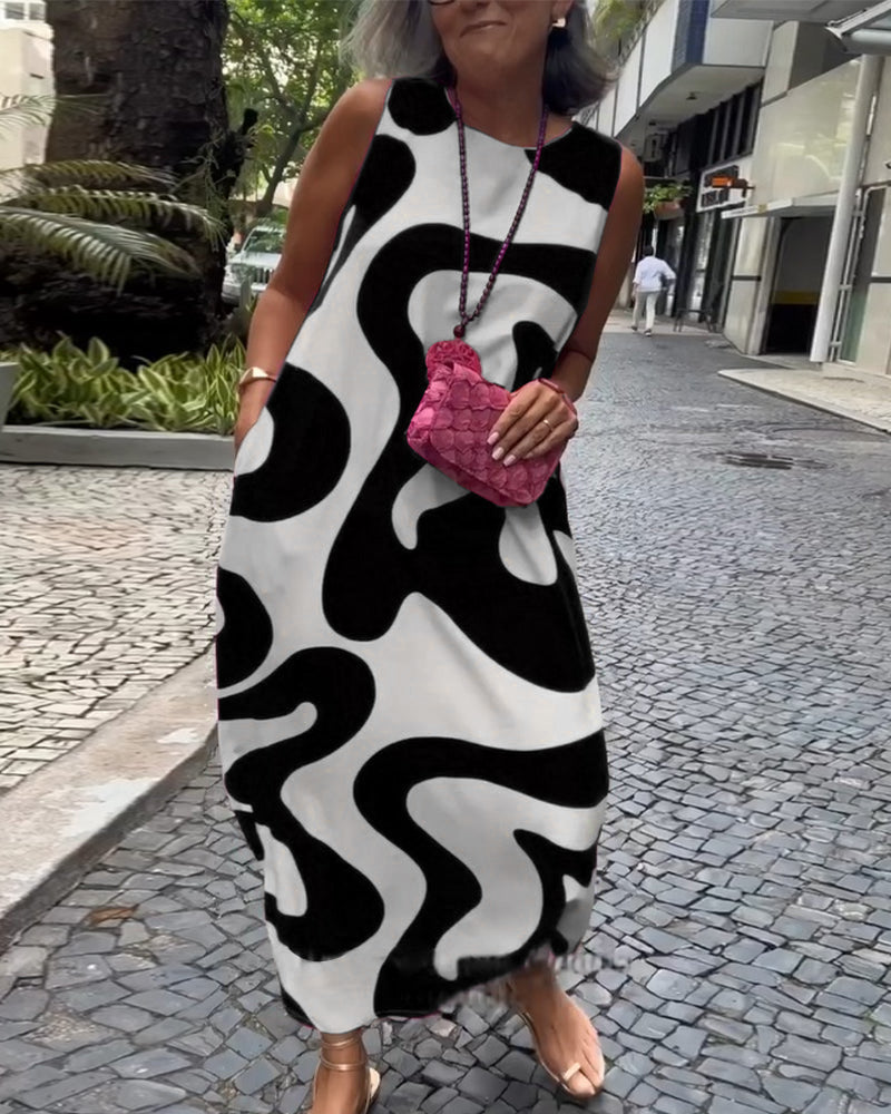 Vestido largo geométrico sin mangas con cuello redondo