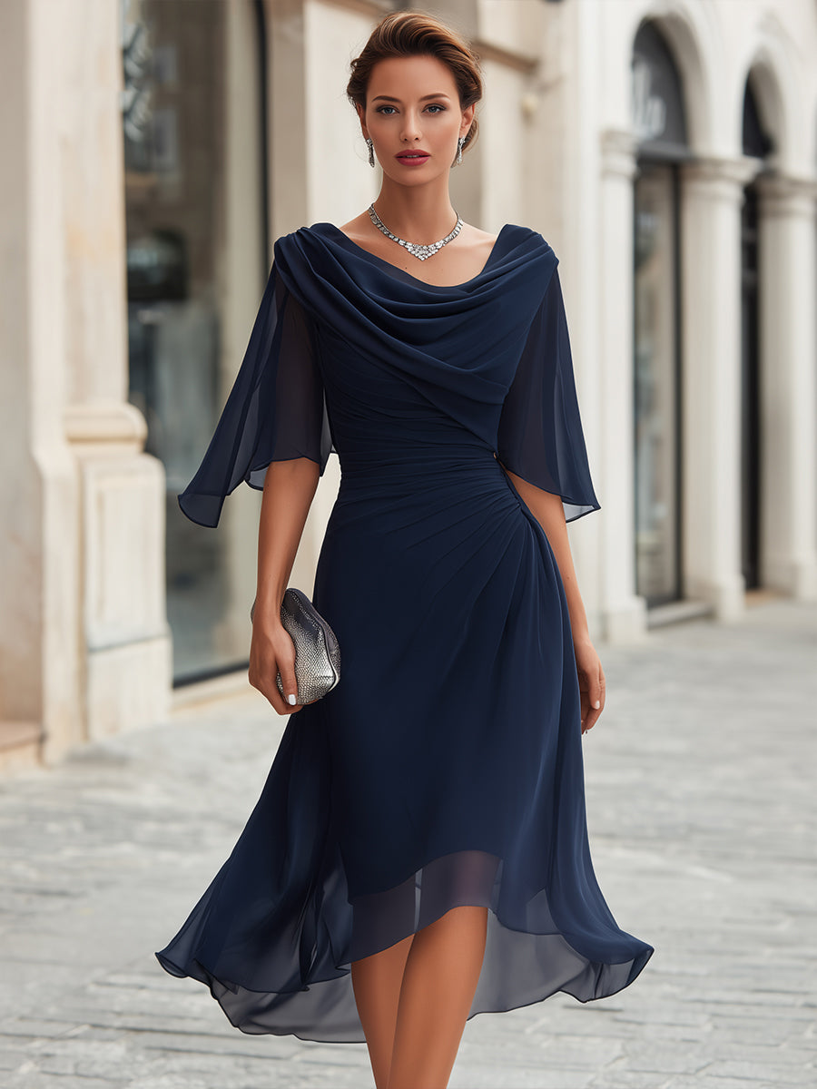Marina™ | Vestido midi de gasa con cuello drapeado y fruncido lateral