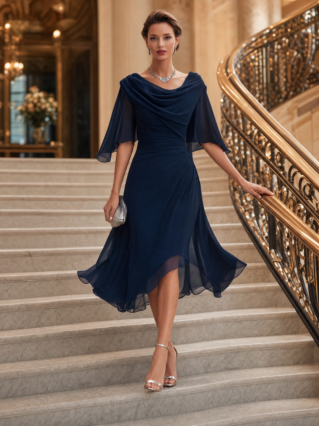 Marina™ | Vestido midi de gasa con cuello drapeado y fruncido lateral