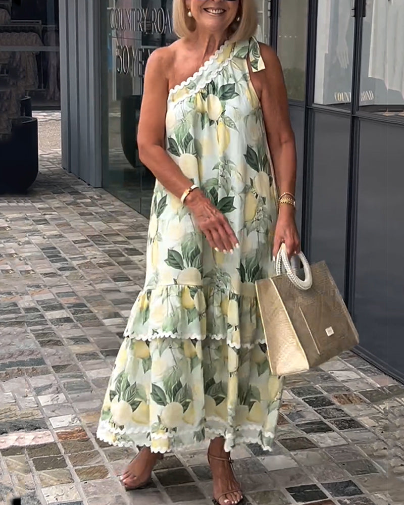 Vestido largo asimétrico floral de un hombro