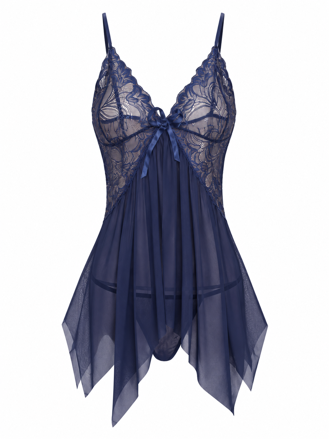 Babydoll de encaje con bajo asimétrico y tanga