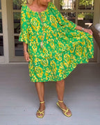 Vestido midi estampado retro con manga 3/4