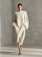 Andrea™ | Vestido midi de punto asimétrico efecto visón en crema