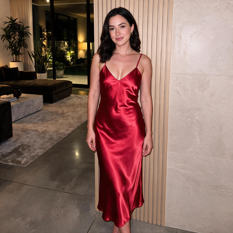 Vestido largo de satén con escote en V y tirantes finos