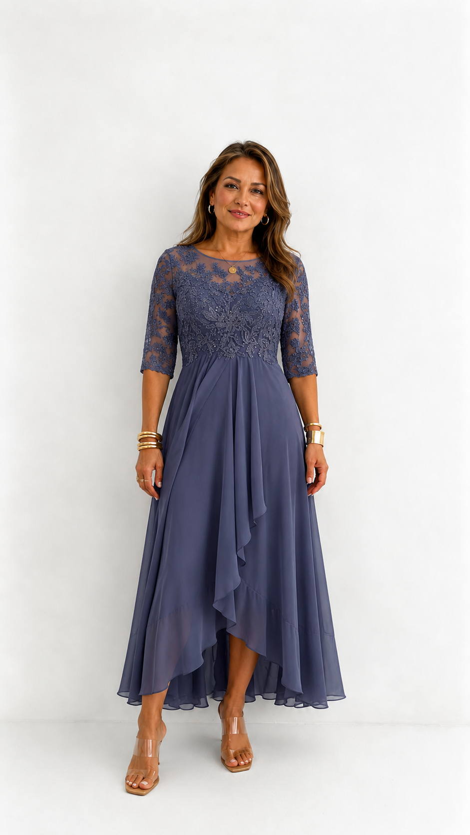 Vestido midi elegante con detalles de encaje