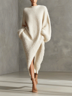 Andrea™ | Vestido midi de punto asimétrico efecto visón en crema