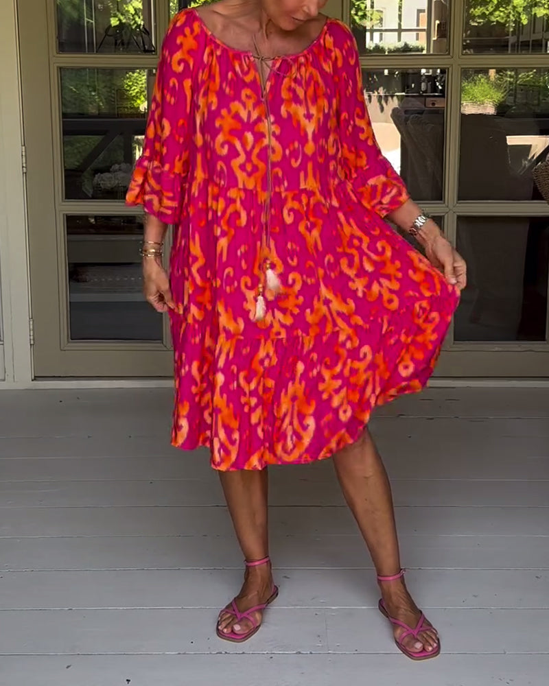 Vestido midi estampado retro con manga 3/4