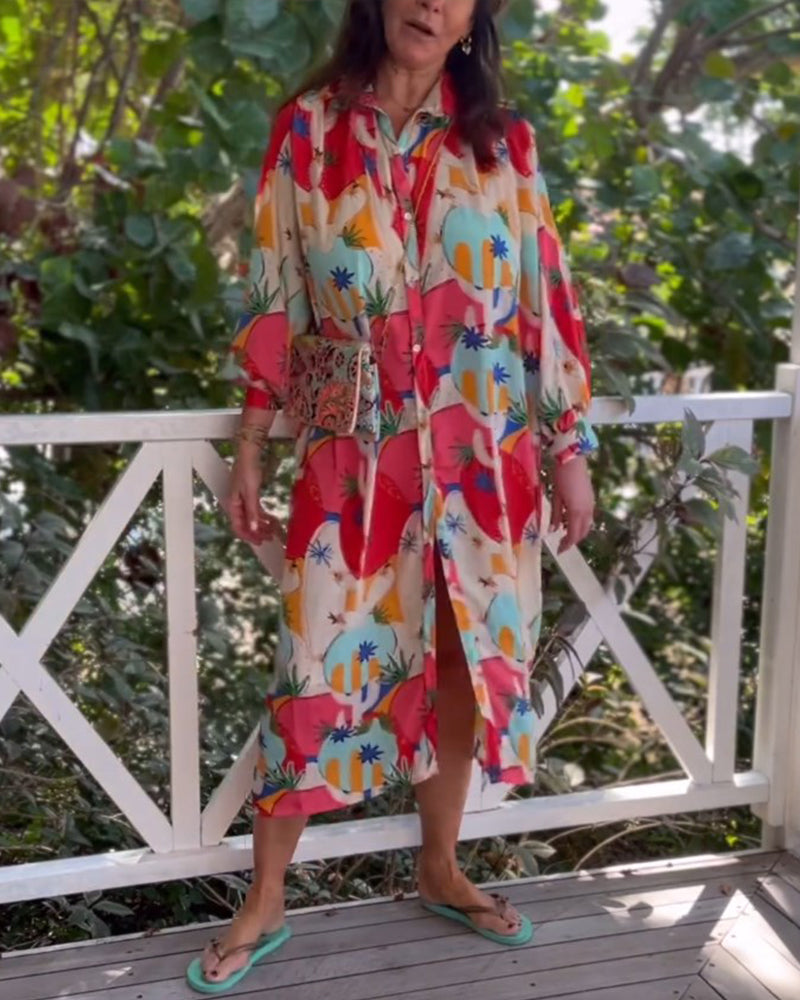 Vestido midi estampado de manga larga con solapa