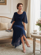 Marina™ | Vestido midi de gasa con cuello drapeado y fruncido lateral