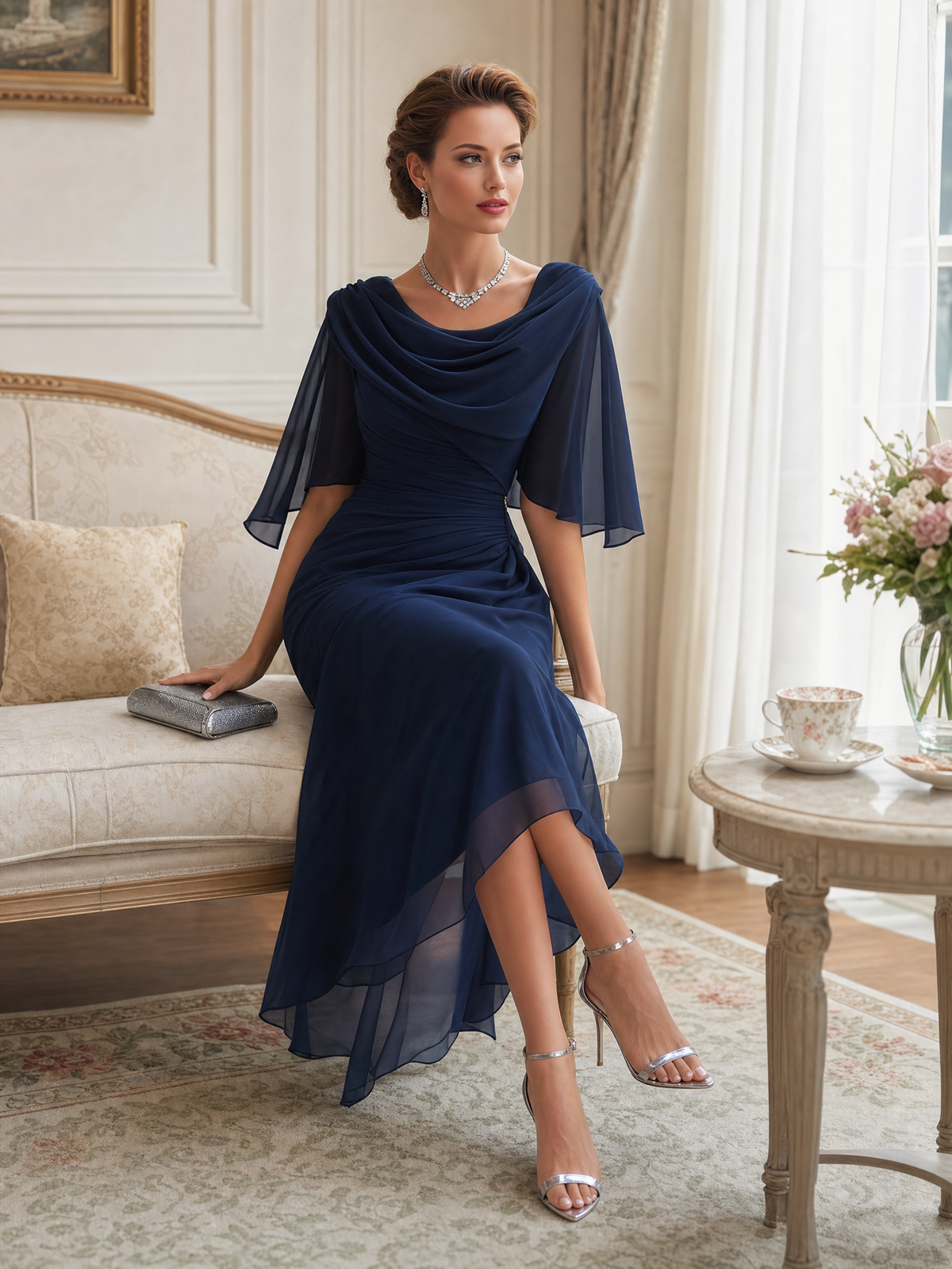 Marina™ | Vestido midi de gasa con cuello drapeado y fruncido lateral
