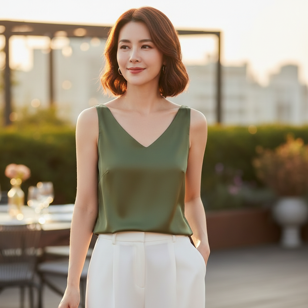 Cecilia™ | Top drapeado sin mangas con cuello pico