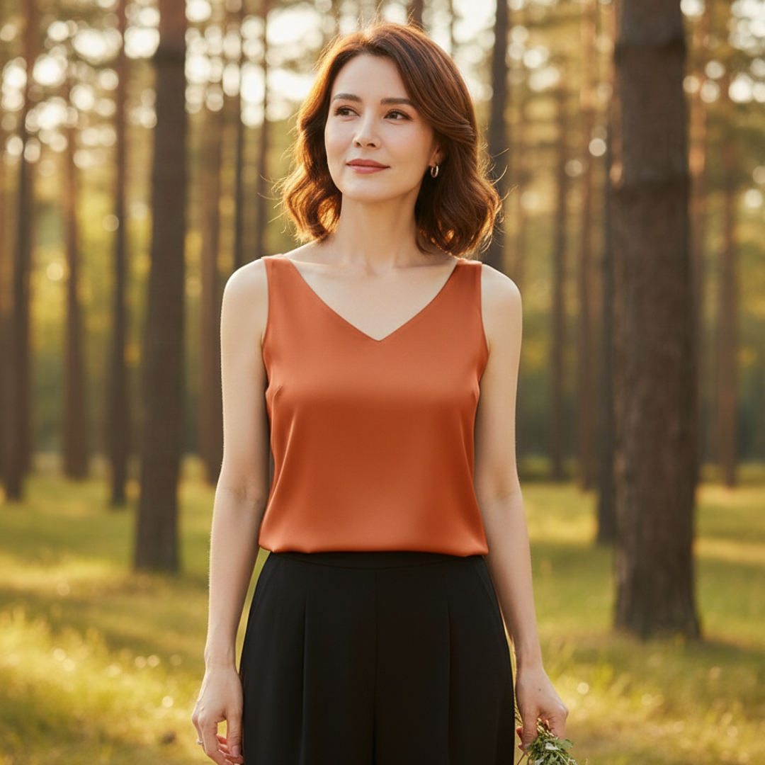 Cecilia™ | Top drapeado sin mangas con cuello pico