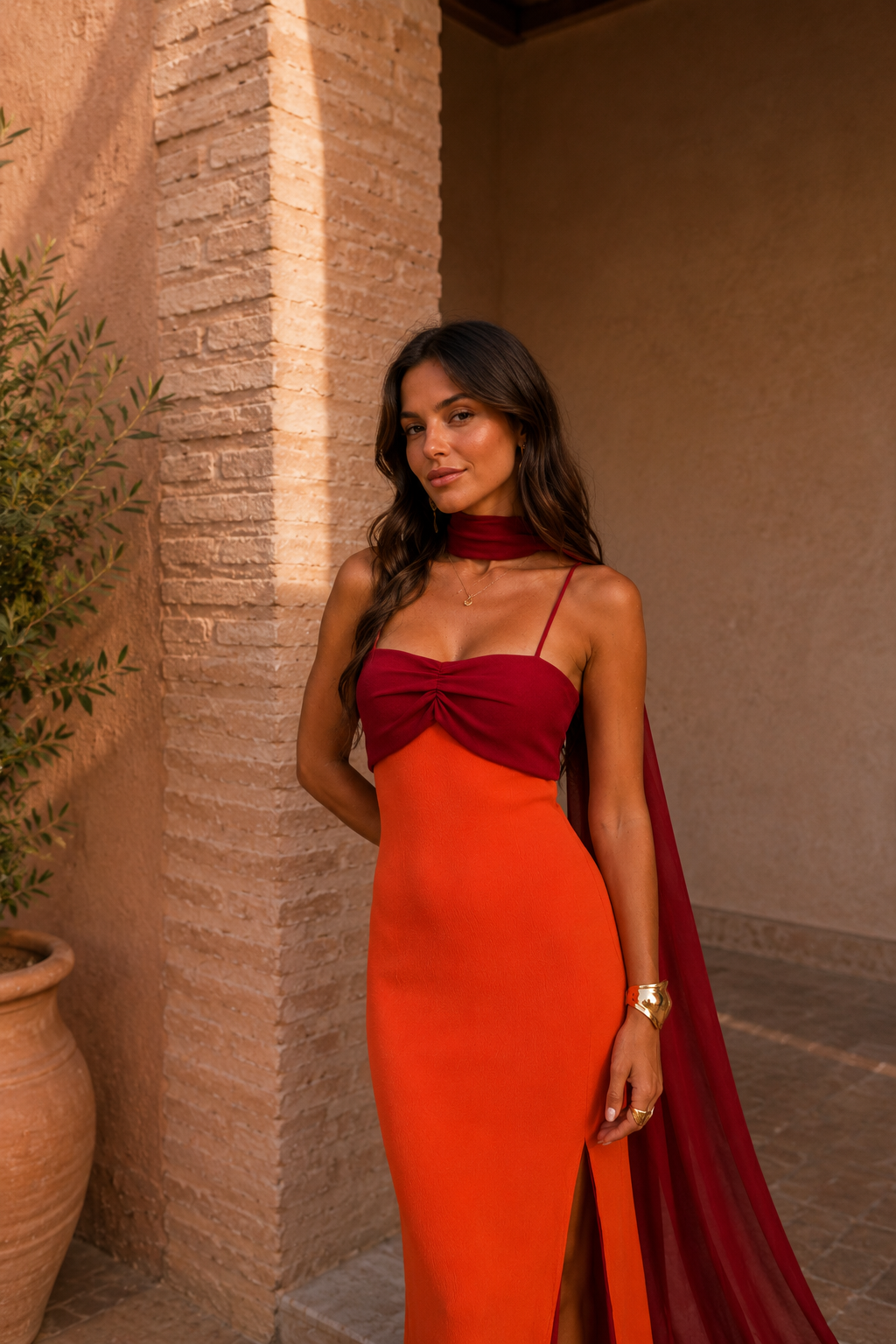 Vestido Largo Drapeado Bicolor