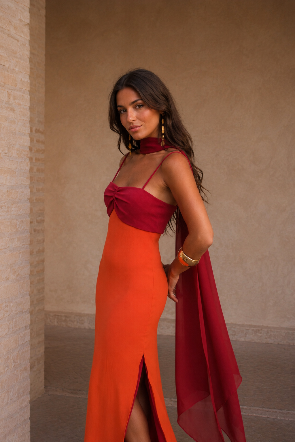 Vestido Largo Drapeado Bicolor