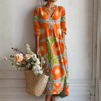 Sophie™ | Vestido midi boho de lino estampado con escote en V