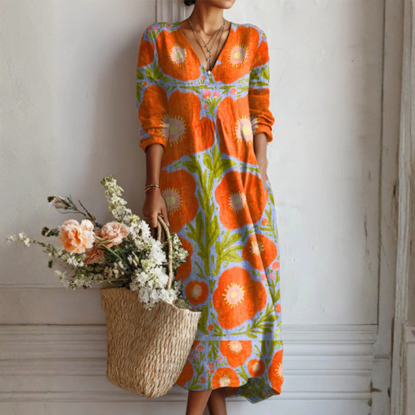 Sophie™ | Vestido midi boho de lino estampado con escote en V