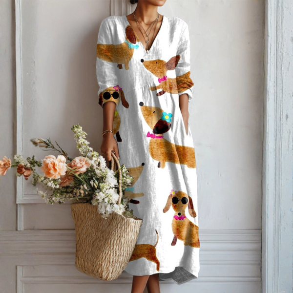 Sophie™ | Vestido midi boho de lino estampado con escote en V