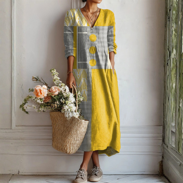 Sophie™ | Vestido midi boho de lino estampado con escote en V
