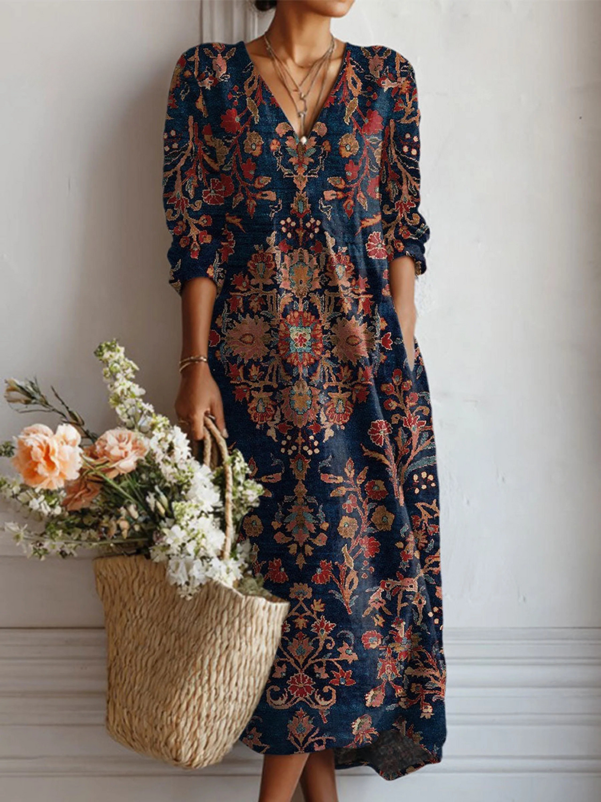 Sophie™ | Vestido midi boho de lino estampado con escote en V