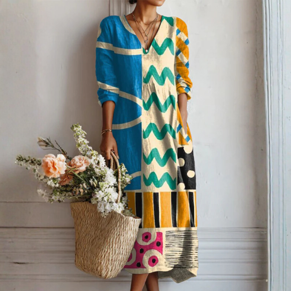 Sophie™ | Vestido midi boho de lino estampado con escote en V