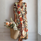 Sophie™ | Vestido midi boho de lino estampado con escote en V