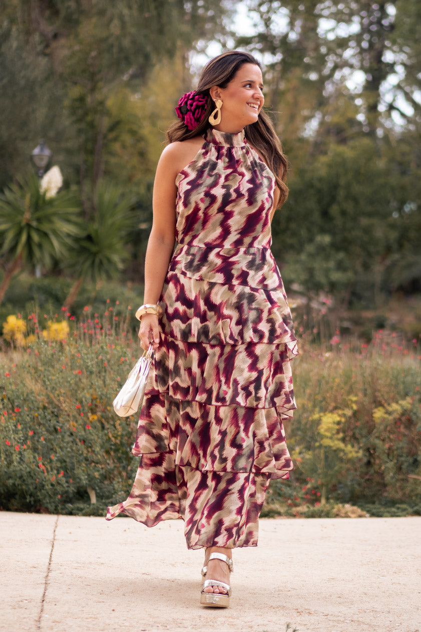 Capri vestido largo estampado verde con volantes y cuello halter