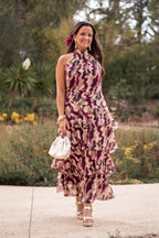 Capri vestido largo estampado verde con volantes y cuello halter