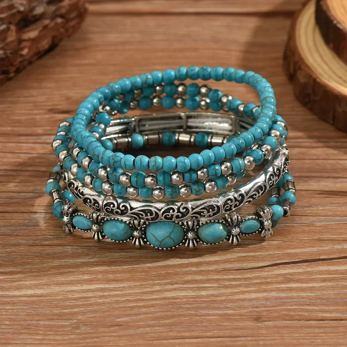 Conjunto de pulseras boho con perlas turquesa
