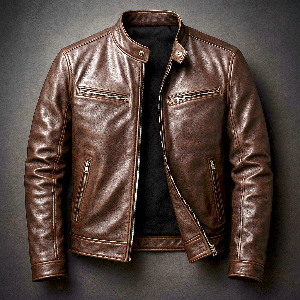 Joshua™ | Cazadora de piel con cuello mao y cremallera
