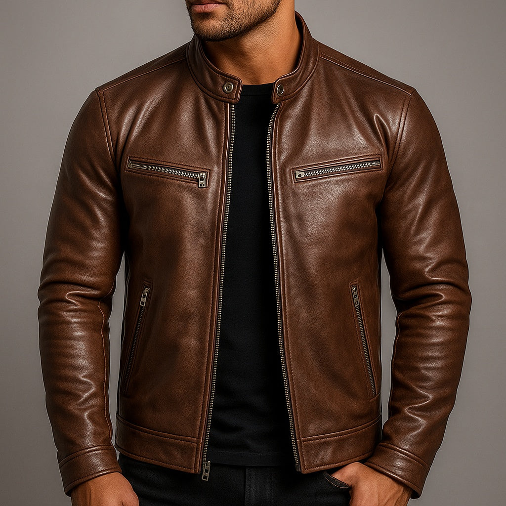 Joshua™ | Cazadora de piel con cuello mao y cremallera