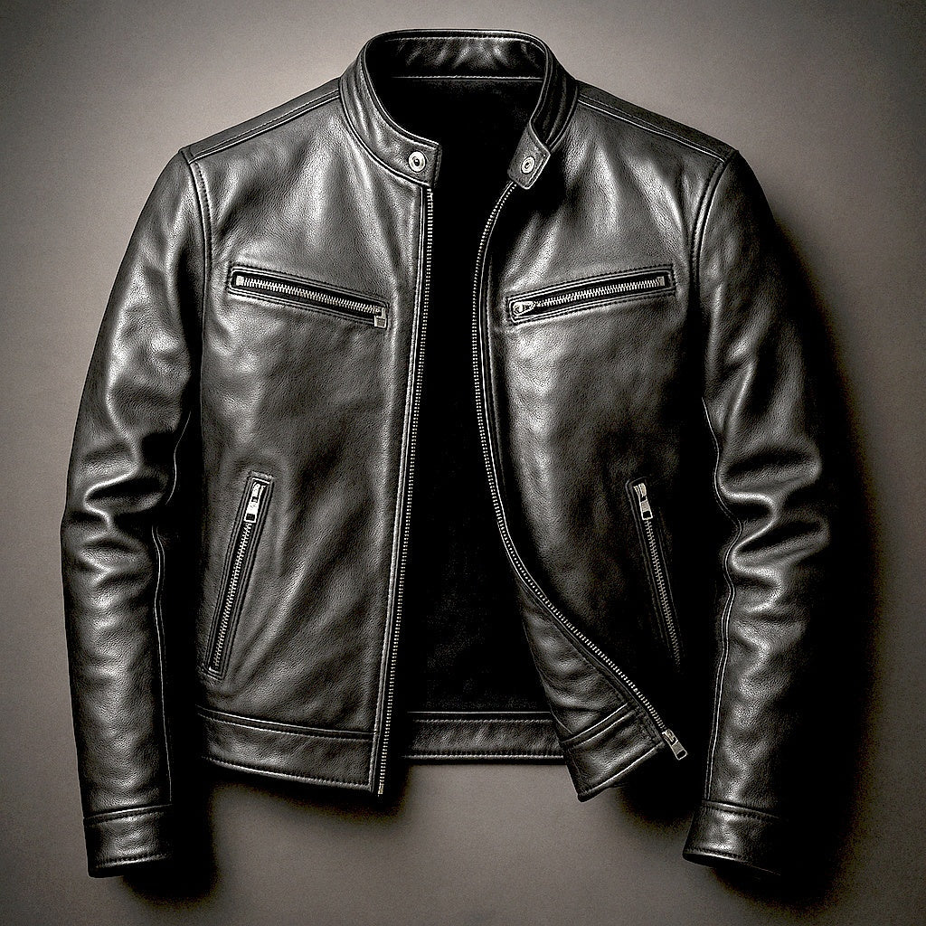 Joshua™ | Cazadora de piel con cuello mao y cremallera