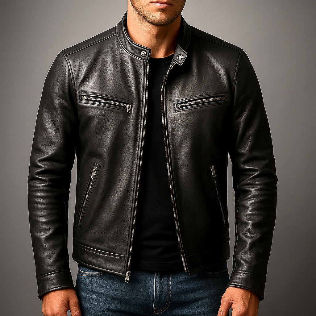 Joshua™ | Cazadora de piel con cuello mao y cremallera