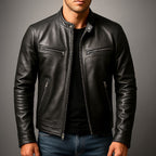 Joshua™ | Cazadora de piel con cuello mao y cremallera