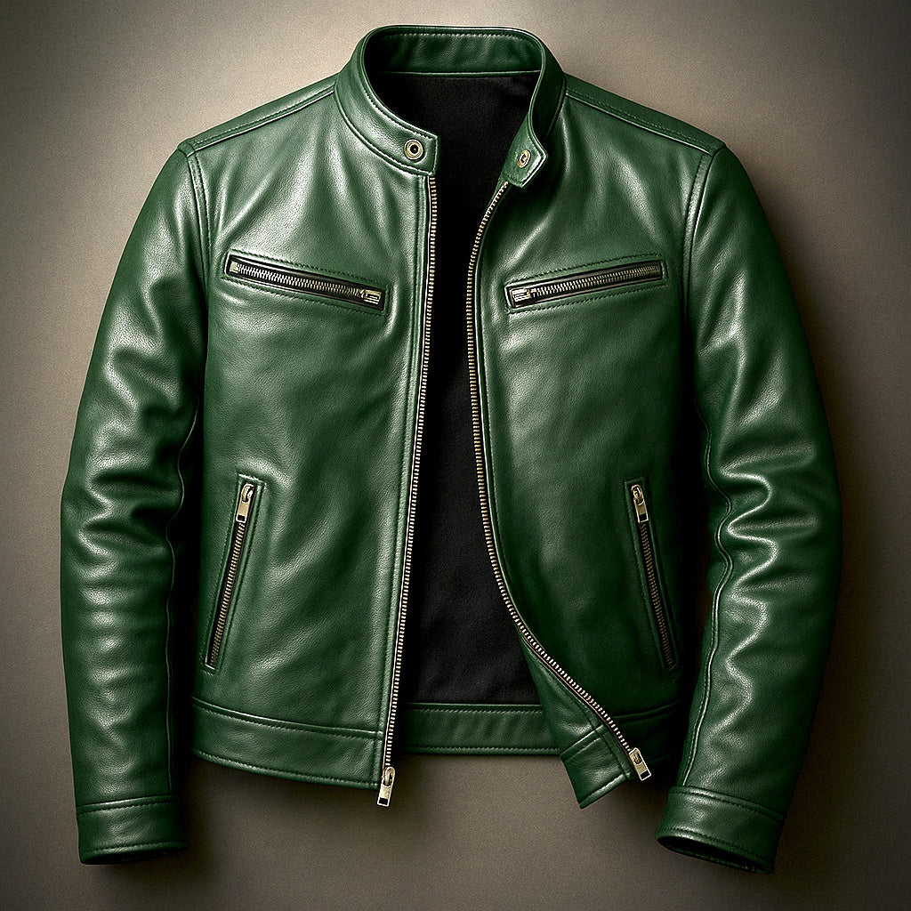 Joshua™ | Cazadora de piel con cuello mao y cremallera