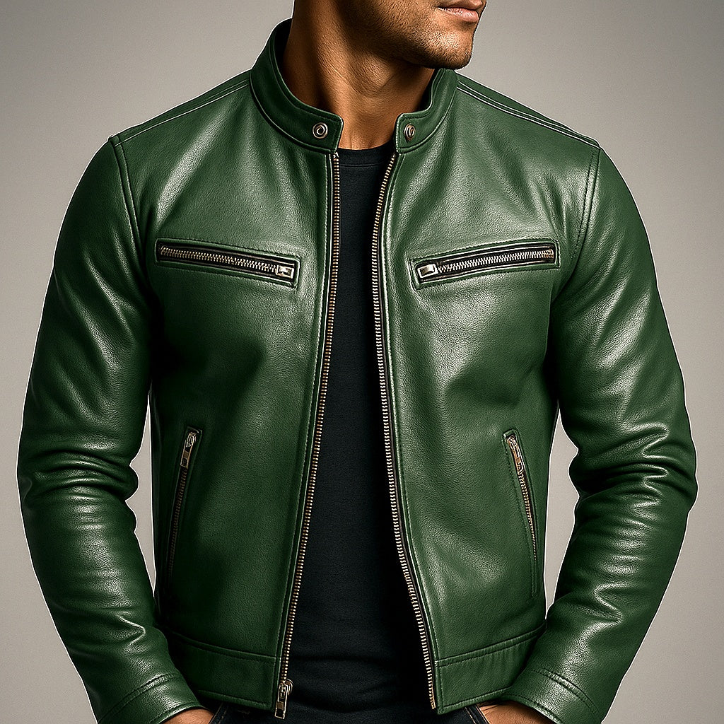Joshua™ | Cazadora de piel con cuello mao y cremallera