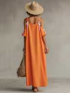 Caroline™ | Vestido largo de lino con hombros descubiertos y lazos