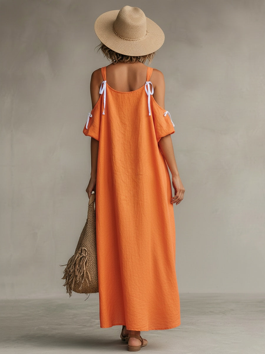 Caroline™ | Vestido largo de lino con hombros descubiertos y lazos