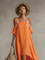 Caroline™ | Vestido largo de lino con hombros descubiertos y lazos