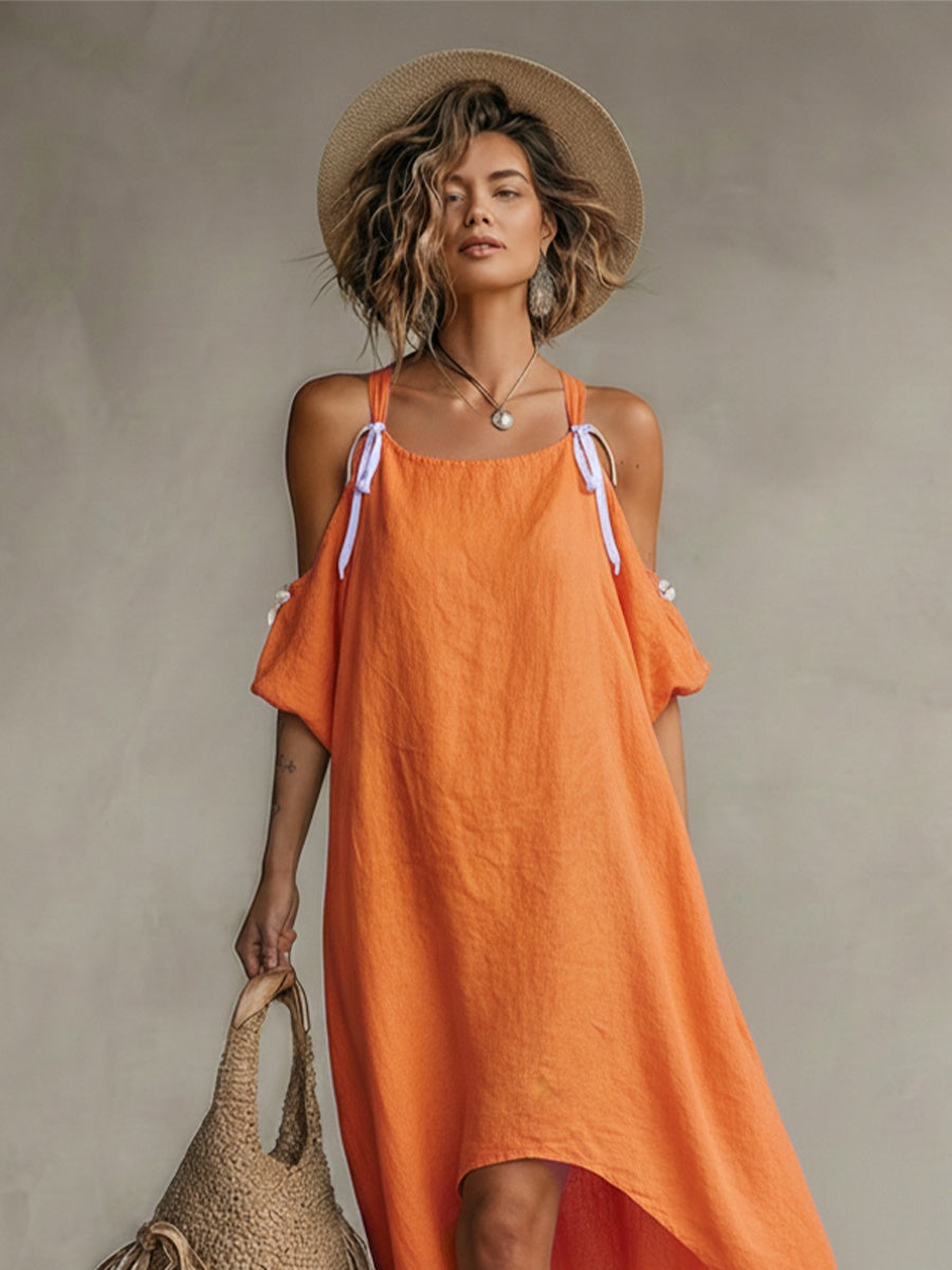 Caroline™ | Vestido largo de lino con hombros descubiertos y lazos