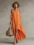 Caroline™ | Vestido largo de lino con hombros descubiertos y lazos