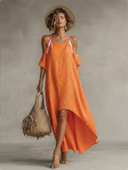 Caroline™ | Vestido largo de lino con hombros descubiertos y lazos