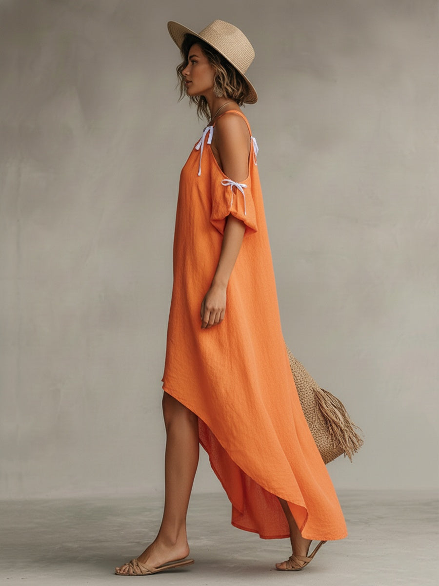 Caroline™ | Vestido largo de lino con hombros descubiertos y lazos