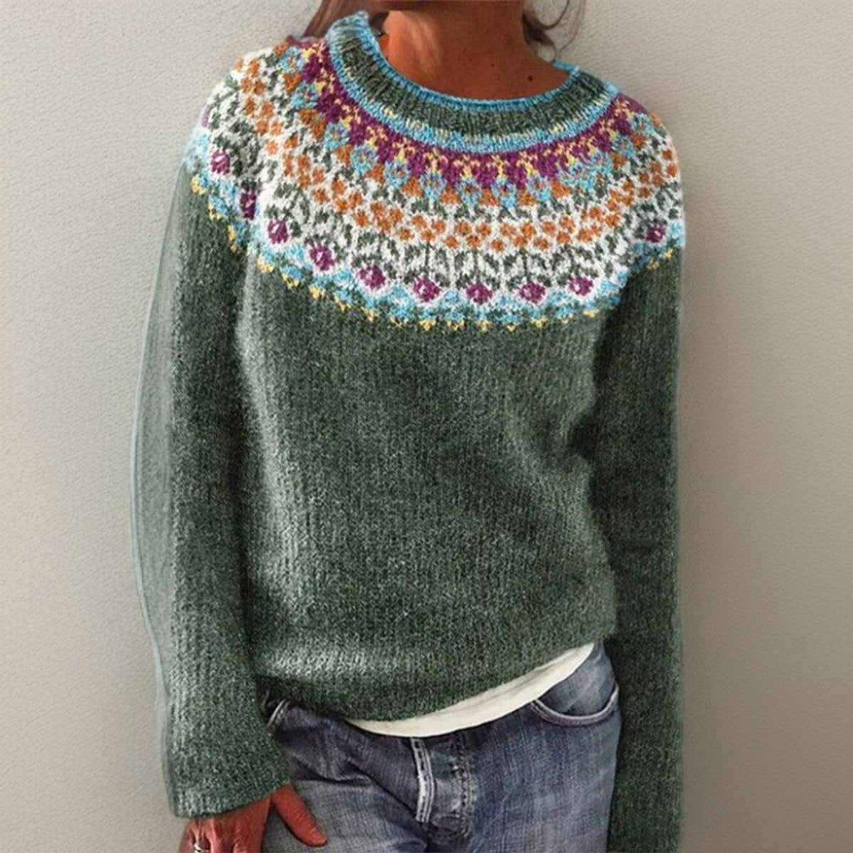 Grace™ | Jersey de lana con jacquard floral y cuello redondo