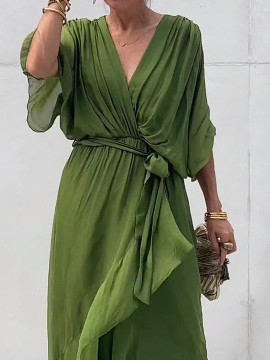 Annabelle™ | Vestido midi de gasa drapeado asimétrico con cinturón