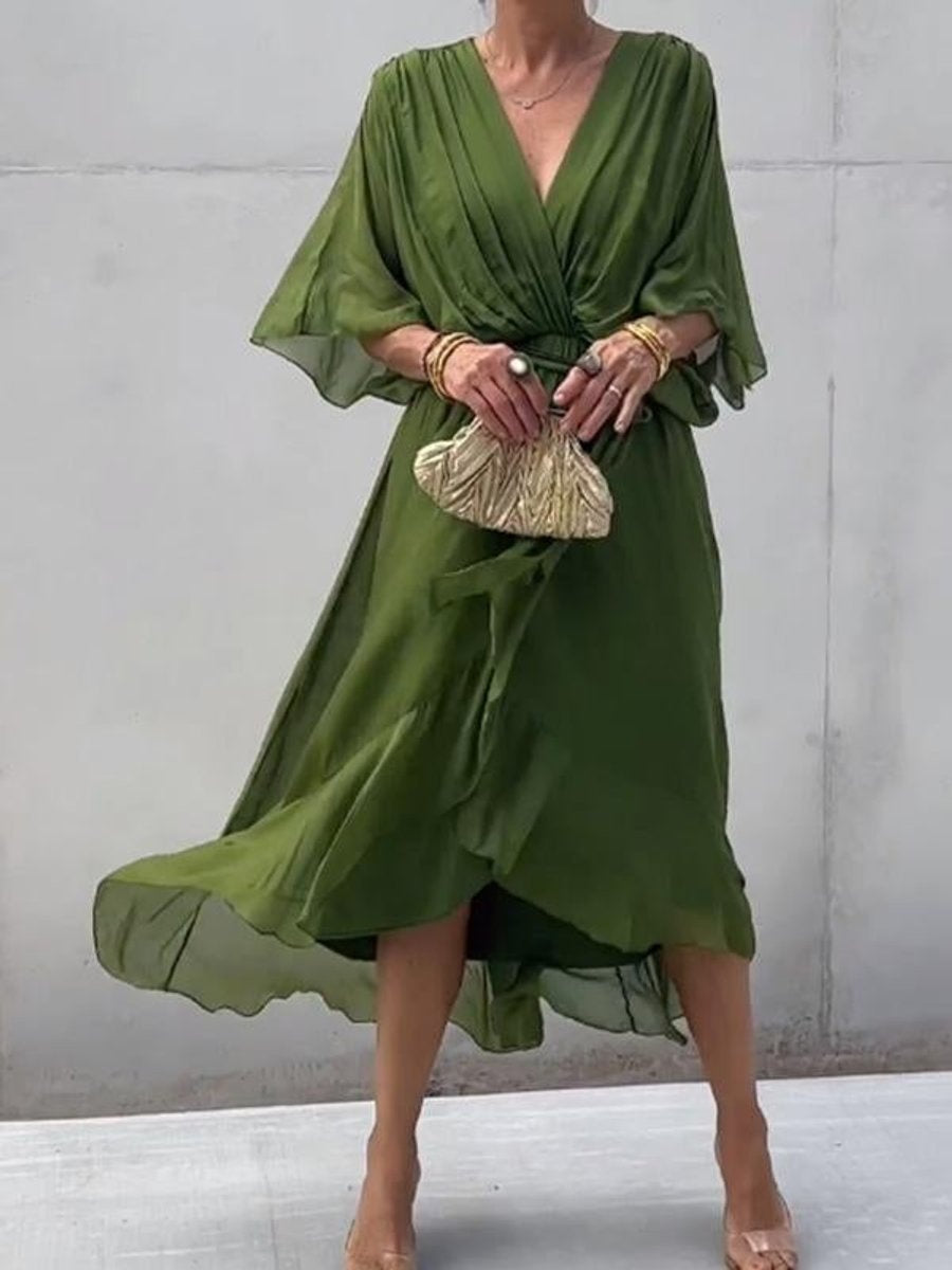 Annabelle™ | Vestido midi de gasa drapeado asimétrico con cinturón
