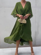 Annabelle™ | Vestido midi de gasa drapeado asimétrico con cinturón