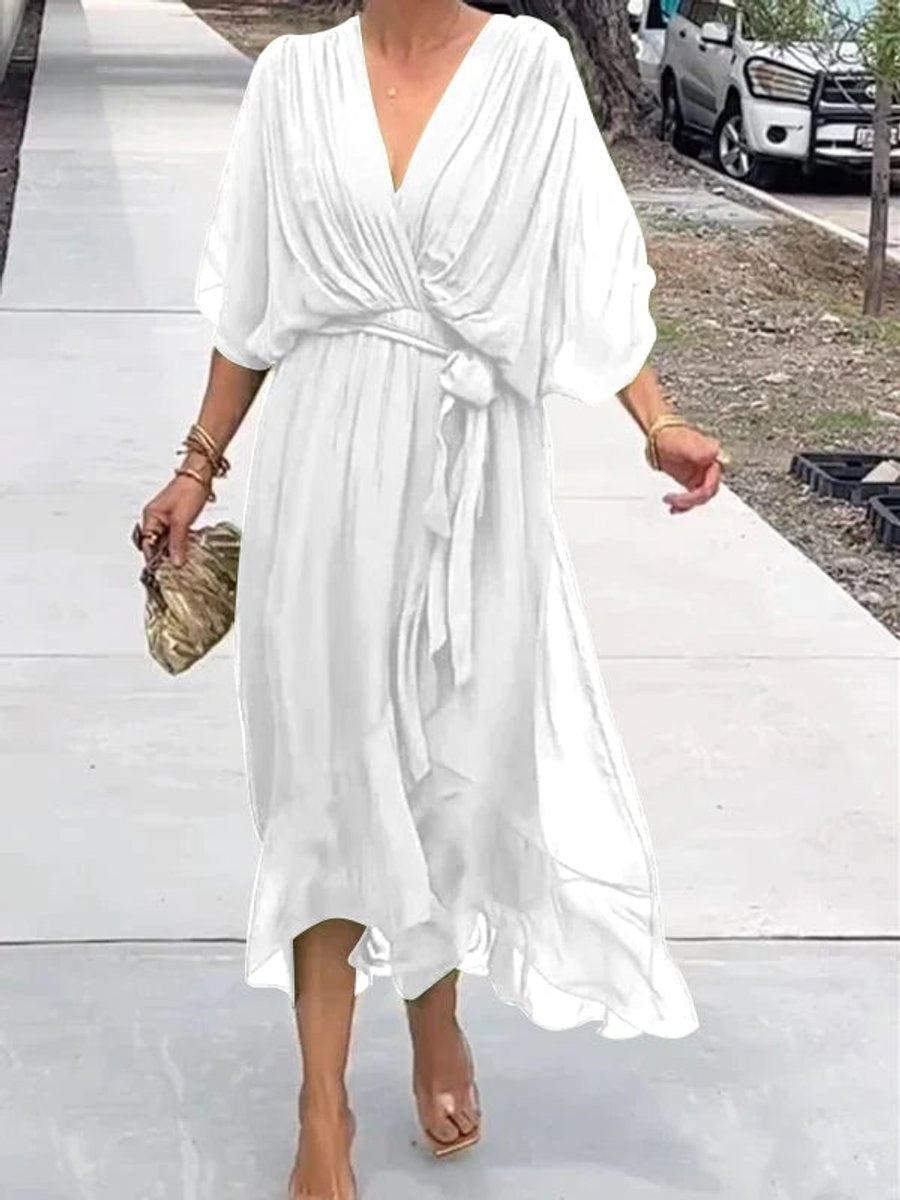 Annabelle™ | Vestido midi de gasa drapeado asimétrico con cinturón