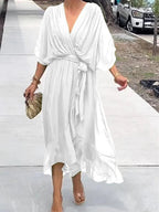 Annabelle™ | Vestido midi de gasa drapeado asimétrico con cinturón