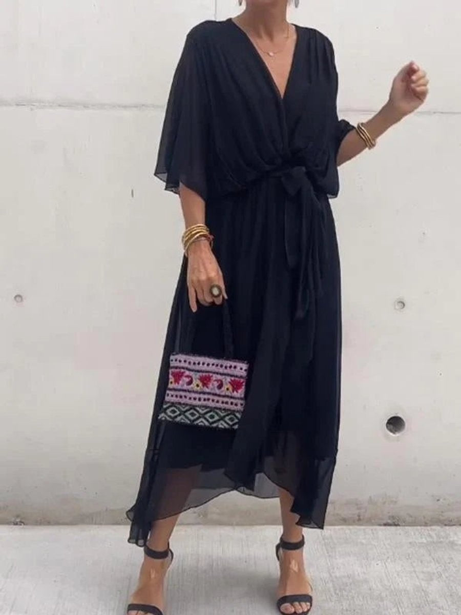 Annabelle™ | Vestido midi de gasa drapeado asimétrico con cinturón